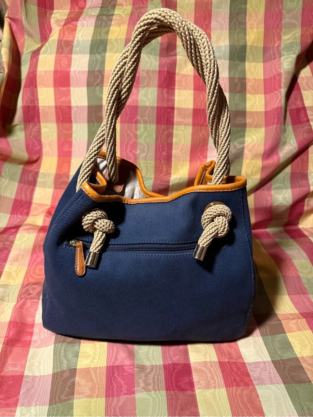 Michael Kors Navy Canvas Shoulder Bag with Tan Trim and Cream Rope Handles